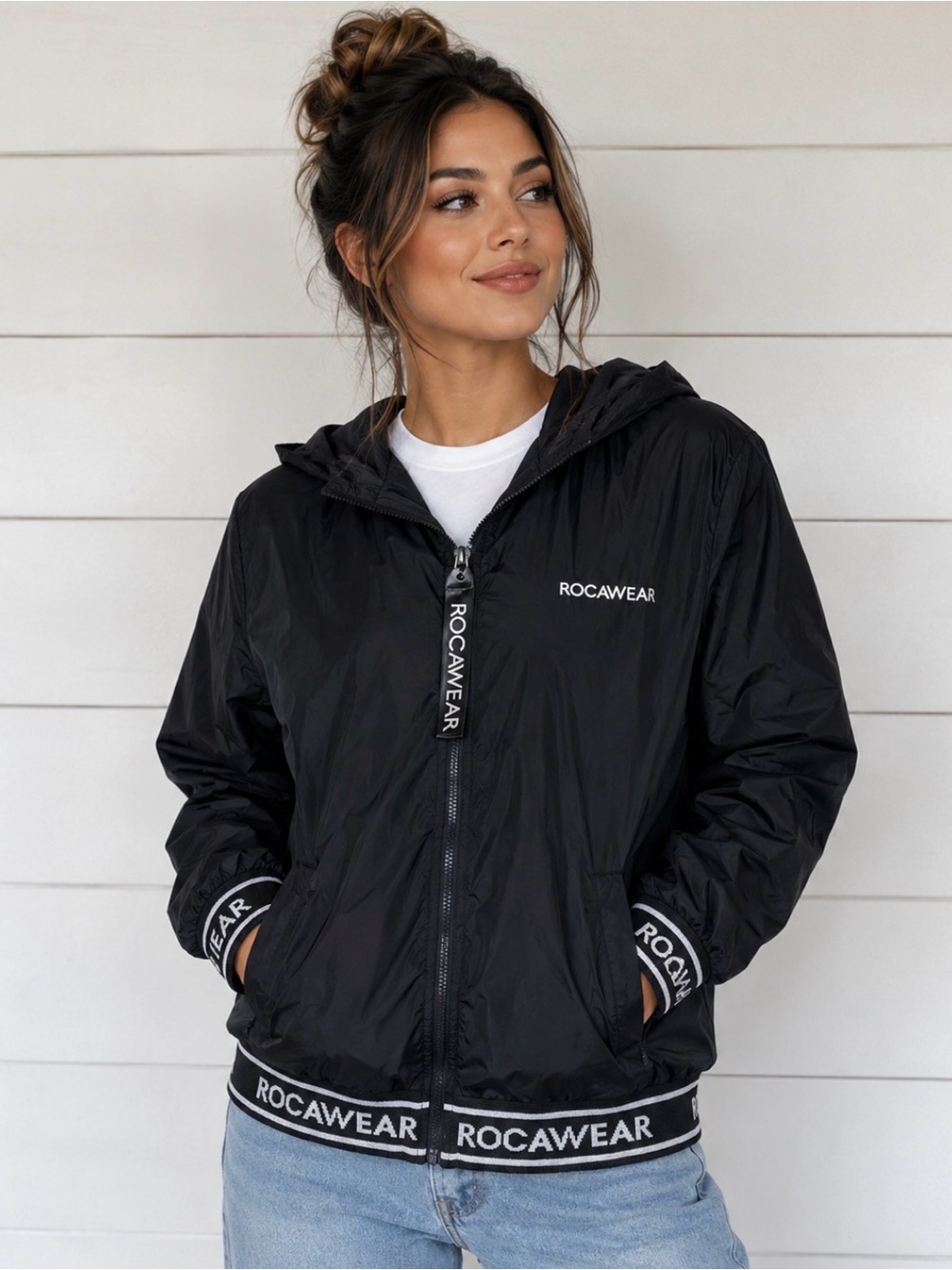 Rocawear Women’s Black Fleece Lined Hooded Jacket Size L Logo Y2K